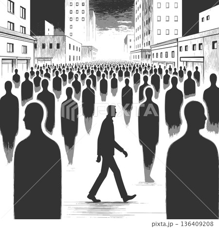 Man walking against crowd engraving sketch vector Man walking against crowd engraving sketch vector 136409208