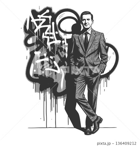 Stylish man in suit standing against graffiti wall 136409212