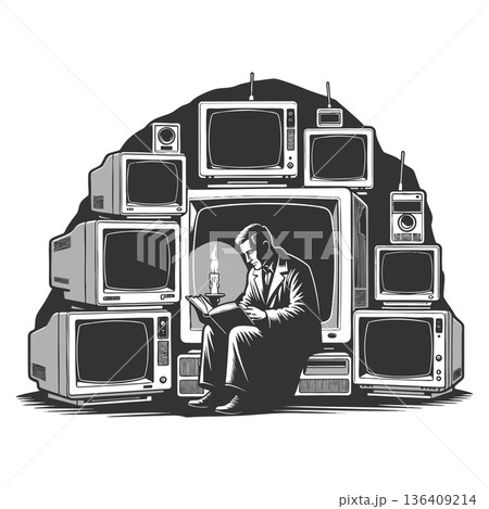 Man reading by candlelight surrounded by old televisions Man reading by candlelight surrounded by old televisions 136409214