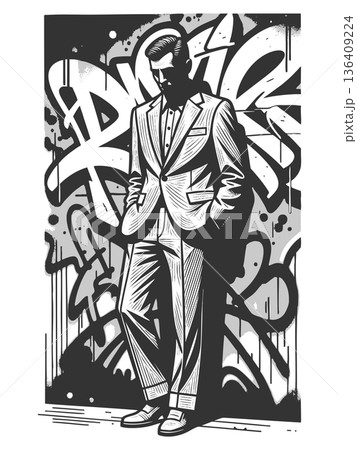 Stylish man in suit standing against graffiti wall 136409224