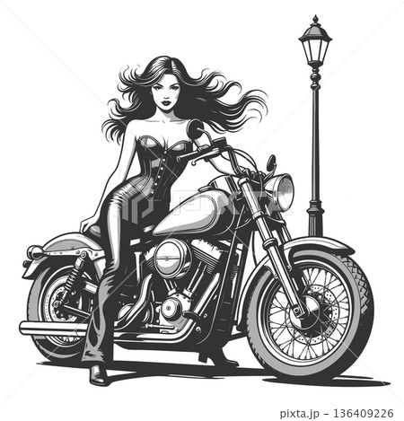 woman posing on motorcycle engraving sketch vector 136409226