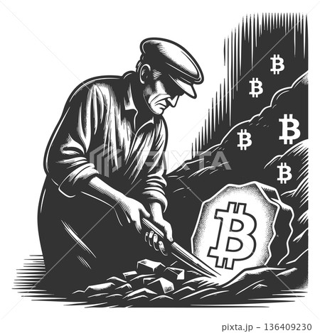 Man mining glowing Bitcoin symbol with pickaxe Man mining glowing Bitcoin symbol with pickaxe 136409230
