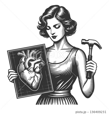 Confident woman holding anatomical heart blueprint Confident woman holding anatomical heart blueprint 136409231