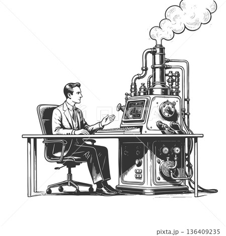 Man retro-futuristic steampunk computer machine Man retro-futuristic steampunk computer machine 136409235