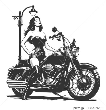 woman posing on motorcycle under streetlamp 136409236