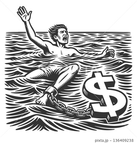 Drowning man chained dollar sign symbolizing debt 136409238