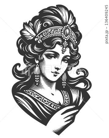 woman with tiara and fan engraving sketch vector 136409245