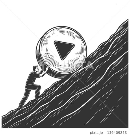 Man pushing giant play button uphill vector 136409258