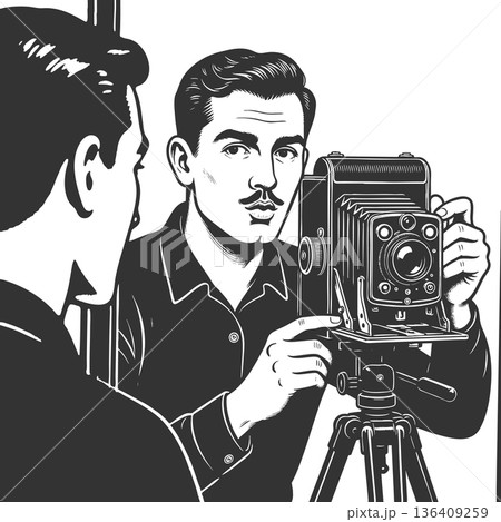 Man vintage camera taking self-portrait in mirror 136409259