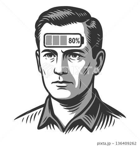 Man with low battery icon on forehead vector Man with low battery icon on forehead vector 136409262