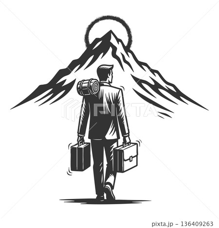Businessman hiking toward mountain peak luggage 136409263