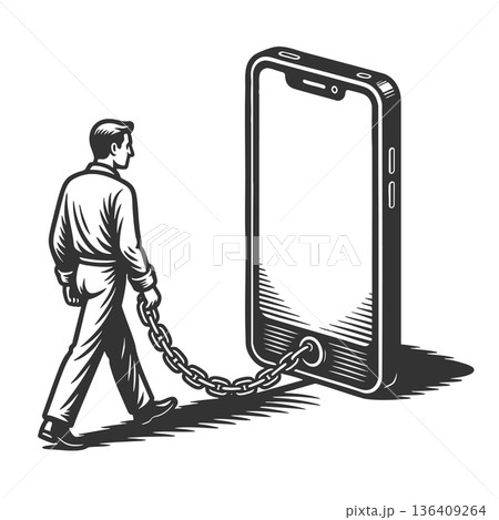 Man chained to smartphone digital addiction 136409264
