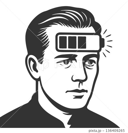 Man with low battery icon on forehead vector 136409265