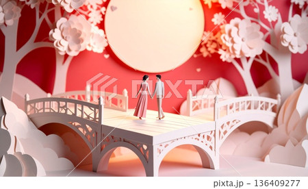Romantic Paper Cut Couple Walking on Bridge Under Moonlight 136409277