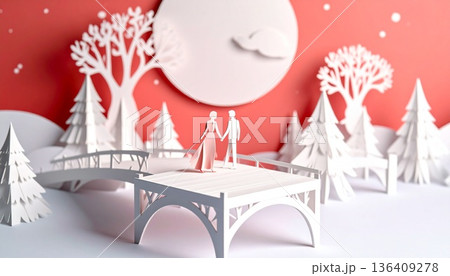 Romantic Paper Cut Couple Walking on Bridge Under Moonlight 136409278
