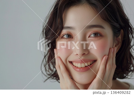 スキンケアで美肌を喜ぶ笑顔の日本人女性　透明感のある素肌とヘアケアのビューティーイメージ 136409282