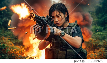マシンガンを撃つ女性 136409286