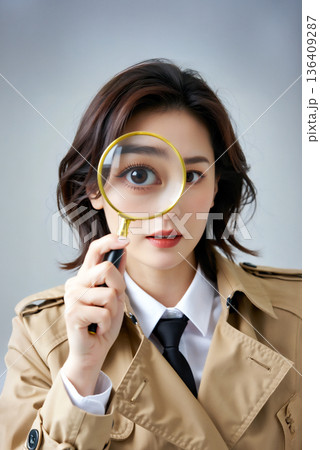 虫眼鏡を覗く女性 136409287