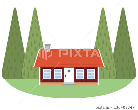 北欧の田舎風のコテージと針葉樹のフラットデザインの背景素材 136409347