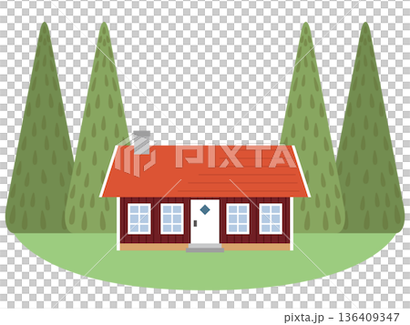 北欧の田舎風のコテージと針葉樹のフラットデザインの背景素材 136409347