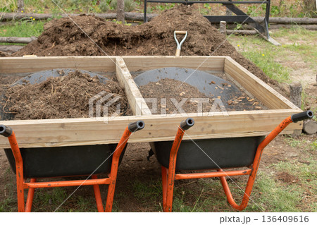 Rich organic soil, pine peat and compost on garden wheelbarrows for growing seedlings and reforestation 136409616