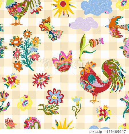 seamless pattern with colorful rooster 136409647