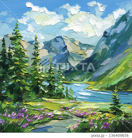 Mountain lake landscape impasto painting with pine trees alpine valley wildflowers and blue sky textured palette knife art 136409656
