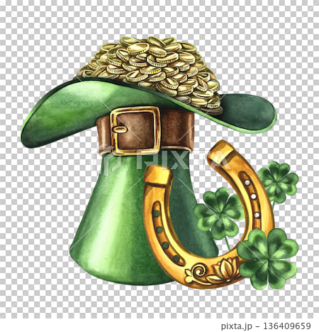 Happy St. Patrick's Day. Hand-drawn watercolor illustration. A leprechaun's hat filled with gold coins, a horseshoe, and a four-leaf clover. For stickers and prints, greeting cards, and holiday decor. Happy St. Patrick's Day. Hand-drawn watercolor illustration. A leprechaun's hat filled with gold coins, a horseshoe, and a four-leaf clover. For stickers and prints, greeting cards, and holiday decor. 136409659