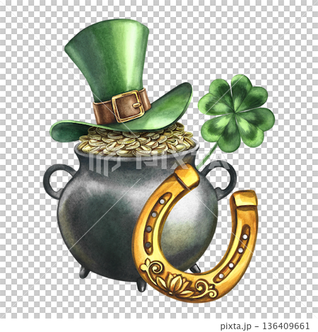 Happy St. Patrick's Day. Hand-drawn watercolor illustration. A pot with gold coins covered with a leprechaun's hat, a horseshoe, and a four-leaf clover. For stickers and prints, and festive decor. Happy St. Patrick's Day. Hand-drawn watercolor illustration. A pot with gold coins covered with a leprechaun's hat, a horseshoe, and a four-leaf clover. For stickers and prints, and festive decor. 136409661