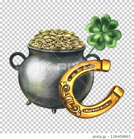Happy St. Patrick's Day. Hand-drawn watercolor illustration. Cast-iron pot with gold coins, a horseshoe, and a four-leaf clover. For stickers and prints, greeting cards and packaging, festive decor. 136409665