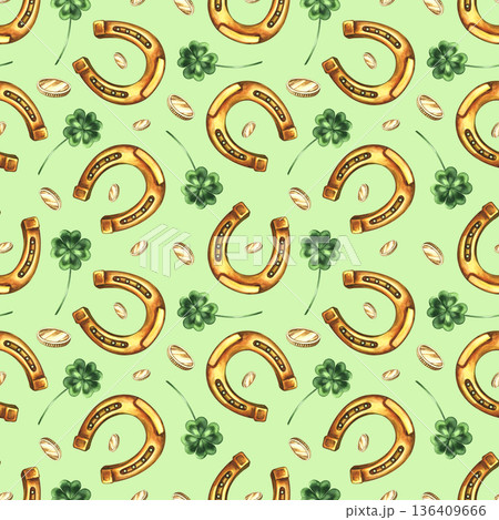 Seamless pattern with horseshoes, four-leaf clovers, and coins. Hand-drawn watercolor illustration. On a green background. For backgrounds, textiles, wrapping paper, packaging, holiday decor and more 136409666