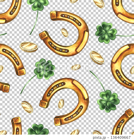 Seamless pattern with horseshoes, four-leaf clovers, and coins. Hand-drawn watercolor illustration. Used for backgrounds, textiles, wrapping paper, packaging, holiday decor, and more. 136409667