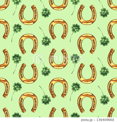 Seamless pattern with horseshoes and four-leaf clover. Hand-drawn watercolor illustration. On a green background. Used for backgrounds, textiles, wrapping paper, packaging, holiday decor, and more. 136409668