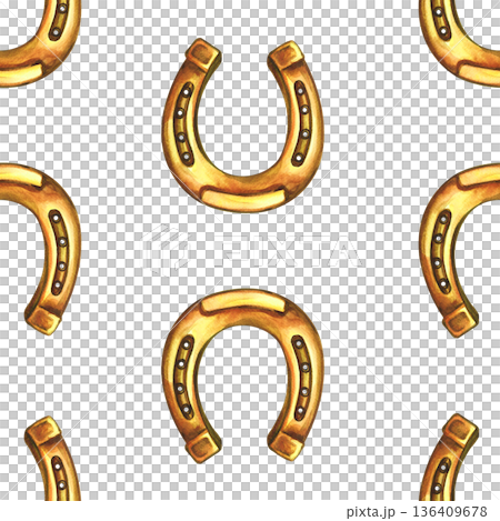 Seamless pattern with horseshoes. Hand-drawn watercolor illustration. Symbol of success and good luck. Used for backgrounds, textiles, wrapping paper, packaging, holiday decor, and more. 136409678