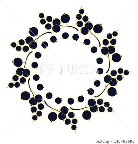 Berry Currant Wreath. Dark Blue Berry with Gold Outline. Bold Botanical Circle frame with Empty Copy Space. Vector illustration Berry Currant Wreath. Dark Blue Berry with Gold Outline. Bold Botanical Circle frame with Empty Copy Space. Vector illustration 136409695