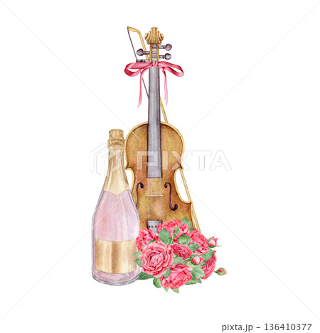 Watercolor celebration composition with classic violin, pink champagne and bouquet of red roses. Romantic musical illustration isolated on white for valentines day, wedding and anniversary design. 136410377