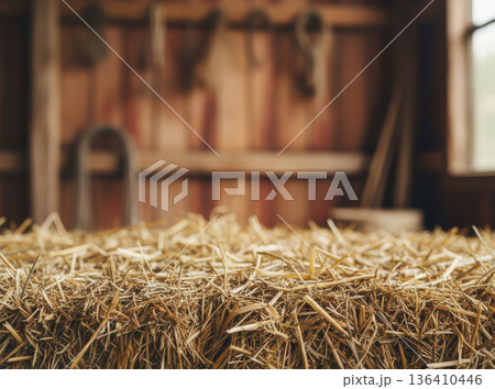 Close-up macro shot of a dry hay bale texture with sharp details in the foreground Close-up macro shot of a dry hay bale texture with sharp details in the foreground 136410446