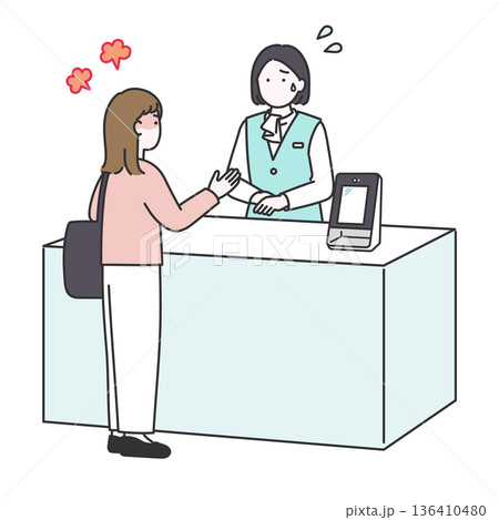 怒った来院者に対応をするビジネス女性のイメージイラスト 136410480