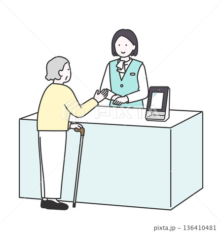 高齢の来院者の受付をするビジネス女性のイメージイラスト 高齢の来院者の受付をするビジネス女性のイメージイラスト 136410481
