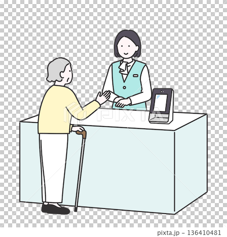 高齢の来院者の受付をするビジネス女性のイメージイラスト 高齢の来院者の受付をするビジネス女性のイメージイラスト 136410481