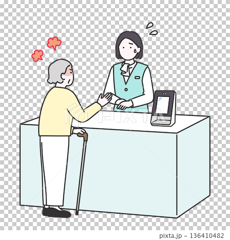 Illustration of a business woman having trouble dealing with elderly complainers Illustration of a business woman having trouble dealing with elderly complainers 136410482