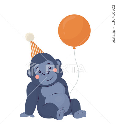 Baby gorilla in party hat holding an orange balloon. Pastel flat vector with gentle shading. Safari animal character clipart on white. For kid birthdays, invitations, cards, posters, nursery decor ad. Baby gorilla in party hat holding an orange balloon. Pastel flat vector with gentle shading. Safari animal character clipart on white. For kid birthdays, invitations, cards, posters, nursery decor ad. 136410922