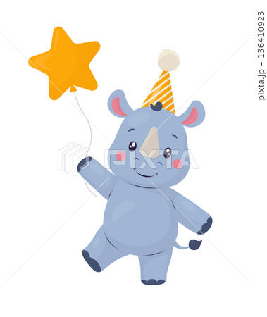 Baby rhino in a party hat holding a star balloon. Pastel flat vector illustration with soft shading. Birthday animal character clipart. For kiddos invitations, cards, posters, nursery decor, stickers. 136410923