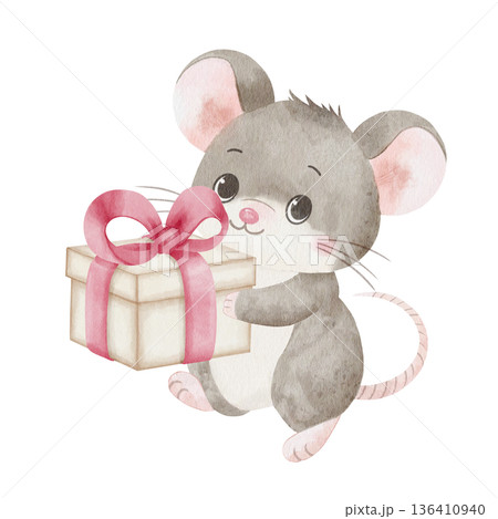 Cute watercolor mouse holds gift box with pink bow. Illustration isolated on white background and hand-drawn. Perfect for children's cards, invitations, gift wrapping, and holiday materials 136410940