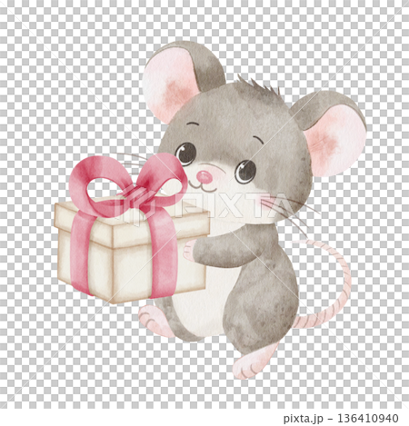 Cute watercolor mouse holds gift box with pink bow. Illustration isolated on white background and hand-drawn. Perfect for children's cards, invitations, gift wrapping, and holiday materials 136410940