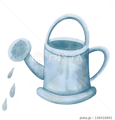 Watercolor illustration of blue metallic watering can with water droplets. Isolated on white background, hand-drawn. For garden and rustic decor, packaging, and cheerful botanical design materials 136410941