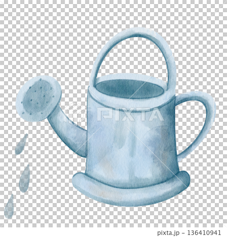 Watercolor illustration of blue metallic watering can with water droplets. Isolated on white background, hand-drawn. For garden and rustic decor, packaging, and cheerful botanical design materials 136410941