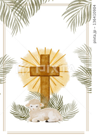 Cross with radiant golden halo, resting lamb framed by palm leaves watercolor template ideal for Easter designs, faith projects, invitations, posters and spiritual backgrounds. Peaceful composition Cross with radiant golden halo, resting lamb framed by palm leaves watercolor template ideal for Easter designs, faith projects, invitations, posters and spiritual backgrounds. Peaceful composition 136410984
