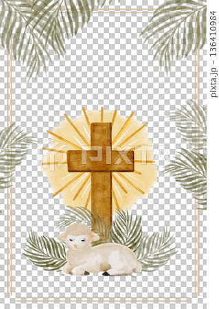Cross with radiant golden halo, resting lamb framed by palm leaves watercolor template ideal for Easter designs, faith projects, invitations, posters and spiritual backgrounds. Peaceful composition Cross with radiant golden halo, resting lamb framed by palm leaves watercolor template ideal for Easter designs, faith projects, invitations, posters and spiritual backgrounds. Peaceful composition 136410984