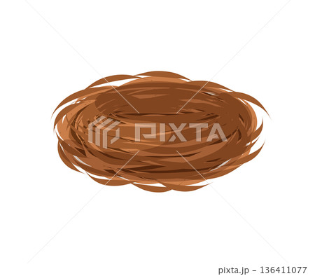 A brown empty bird nest made of intertwined twigs. Vector illustration. A wildlife object for spring designs, ecology themes, education materials, biology concepts, nature learning, children education 136411077